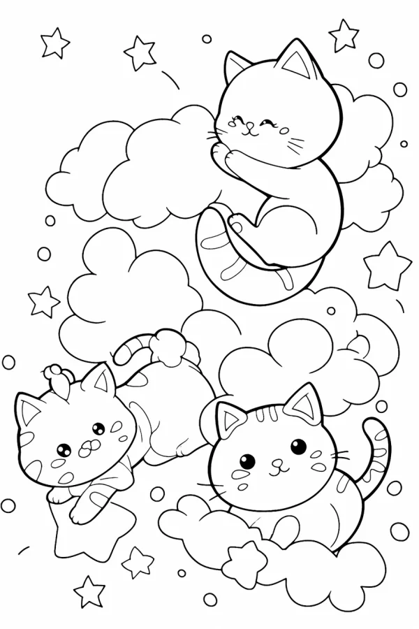 Cartoon cats on fluffy clouds with stars, cute kawaii style — free printable dreamy coloring book page