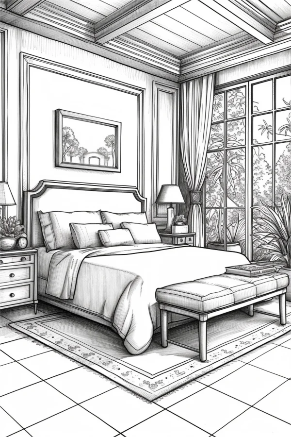 Bedroom interior scene, realistic sketch style — free printable indoor life coloring book page