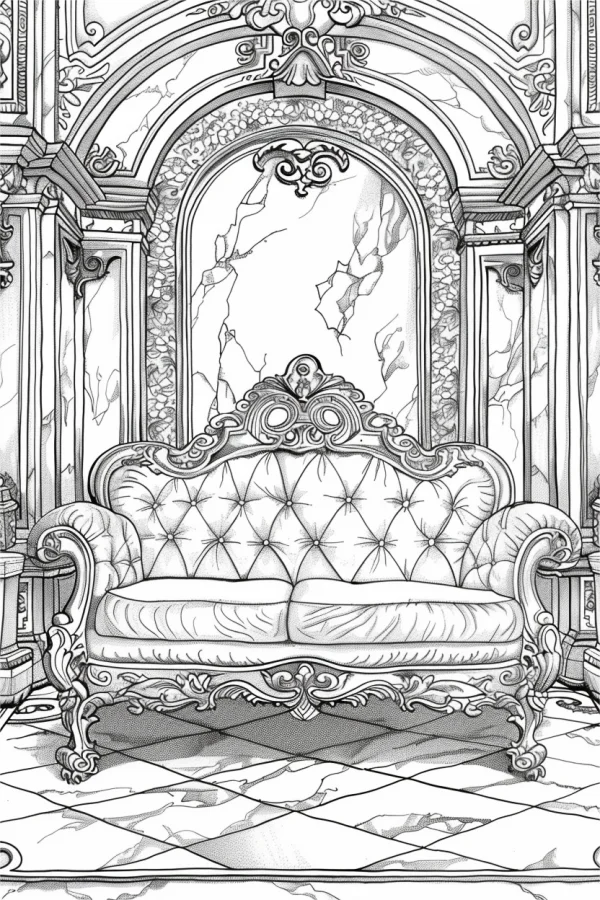 Vintage rococo style sofa, classic indoor scene with marble walls and tiled floors — free printable classical interior scene coloring book page