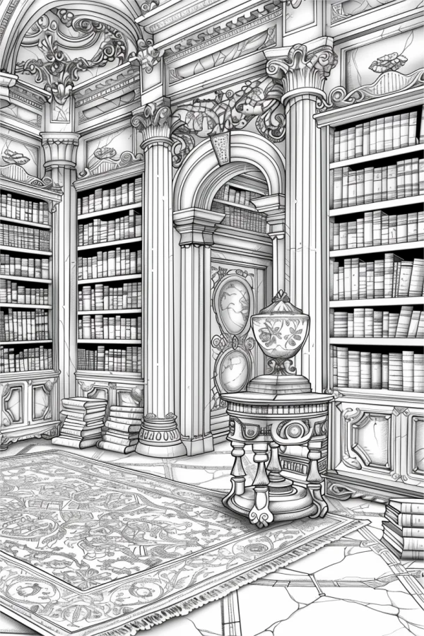 European classical study room, european classic architectural style — free printable classical architecture coloring book page