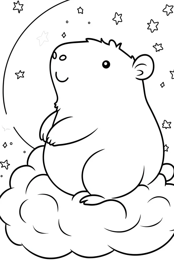 Cute cartoon guinea pig sitting on soft clouds, fantasy night scene with twinkling stars and small diamond decorations — free printable innocence coloring book page