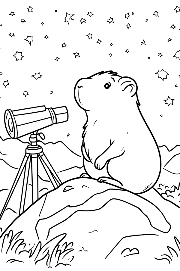 Stargazing guinea pig sitting on a rock, cartoon style — free printable astronomy coloring book page