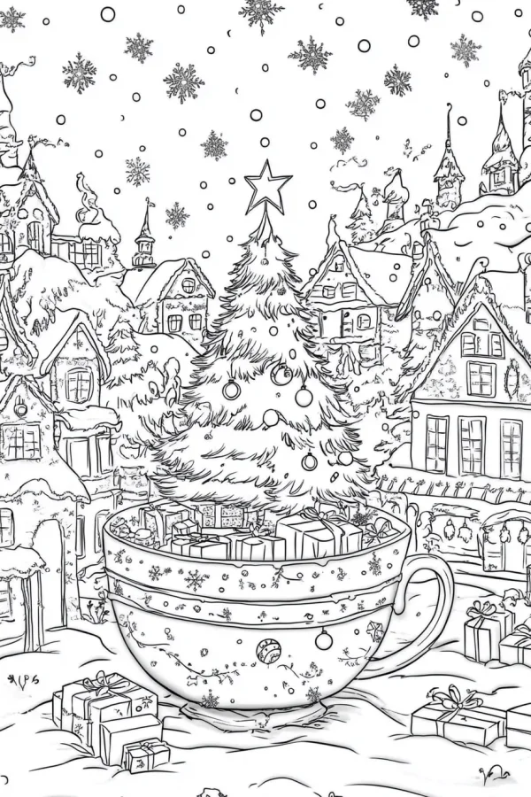 Giant teacup with christmas tree and gift boxes, snowy small town background with houses — free printable town scene coloring book page