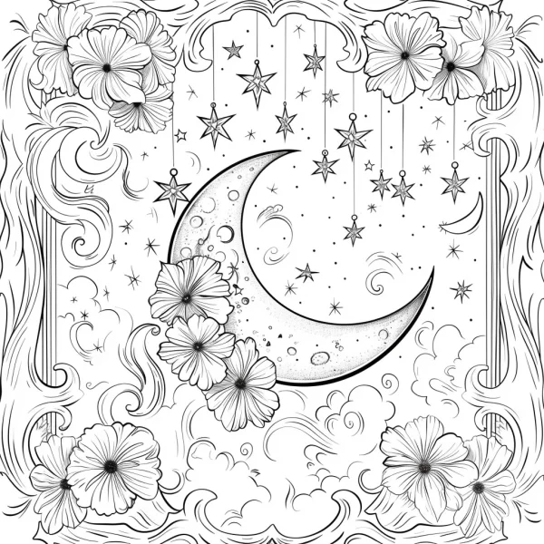 Crescent moon surrounded by flowers and stars, fantasy style — free printable dreams coloring book page