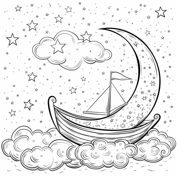 Moon-shaped boat sailing on clouds, fairy tale style — free printable starry sky coloring book page