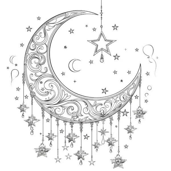 Ornate crescent moon with hanging star ornaments, decorative art style — free printable starry sky coloring book page