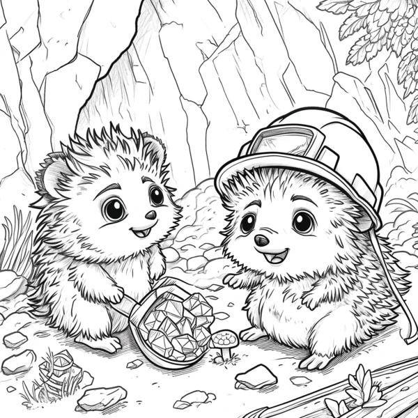 Two cute hedgehogs mining for crystals, one wearing miner helmet — free printable outdoor adventure coloring book page