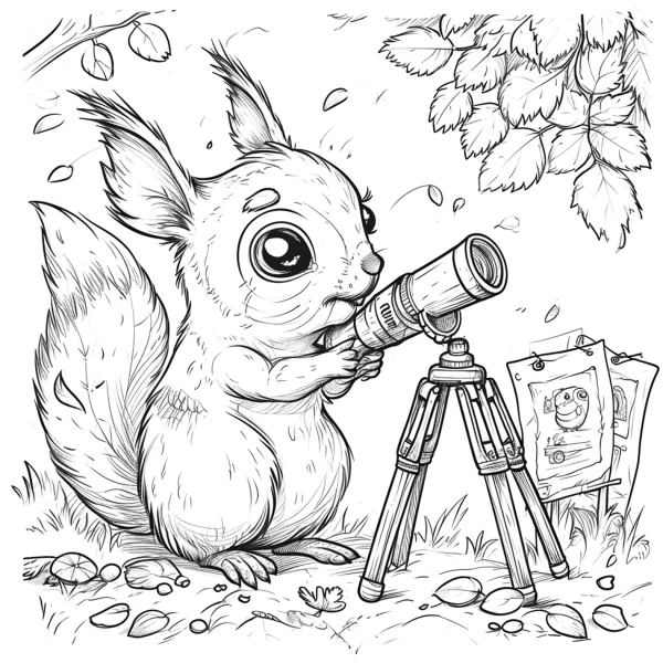 Cute cartoon squirrel holding a telescope on a tripod, cartoon style — free printable photography coloring book page
