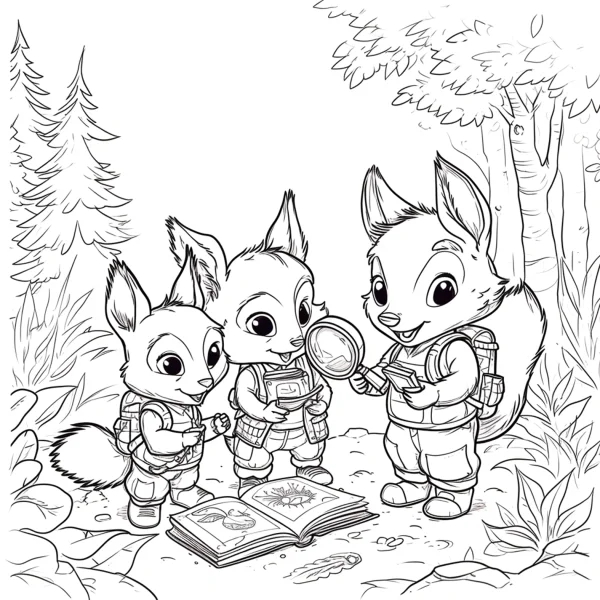 Three adventure squirrels with backpacks and magnifying glass, cartoon style — free printable outdoor adventure coloring book page