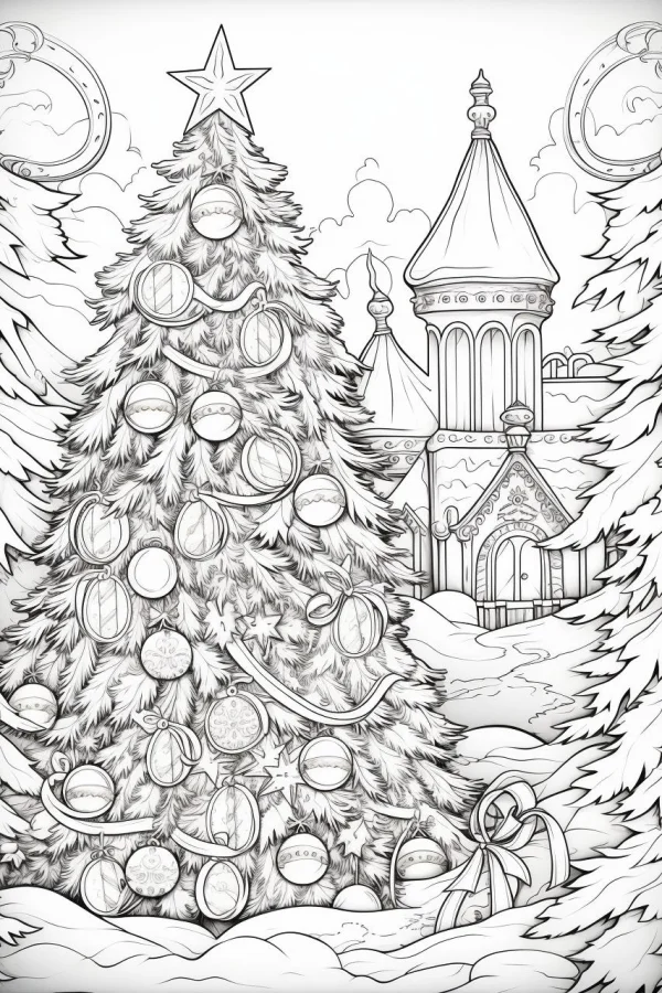 Ornate christmas tree paired with fairy tale castle in winter snowy landscape, cartoon fairy tale style — free printable snow scene coloring book page