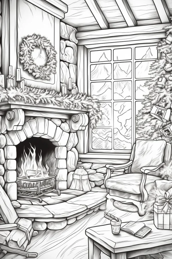 Cozy christmas cabin living room with fireplace, festive scene featuring christmas wreath — free printable family life coloring book page