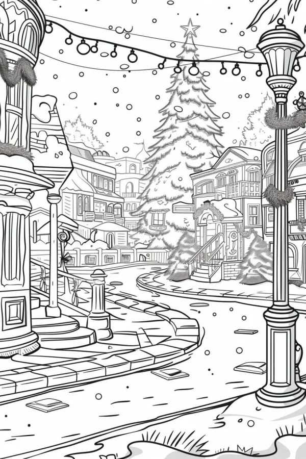 Christmas town snow scene, cartoon illustration style — free printable snow scene coloring book page