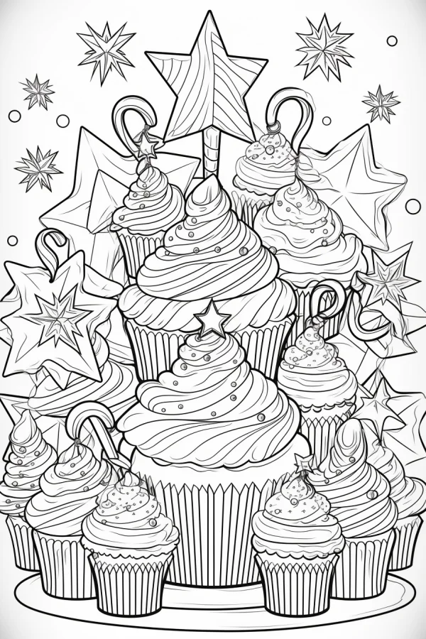 Stacked decorative cupcakes with star ornaments, cartoon style — free printable other coloring book page