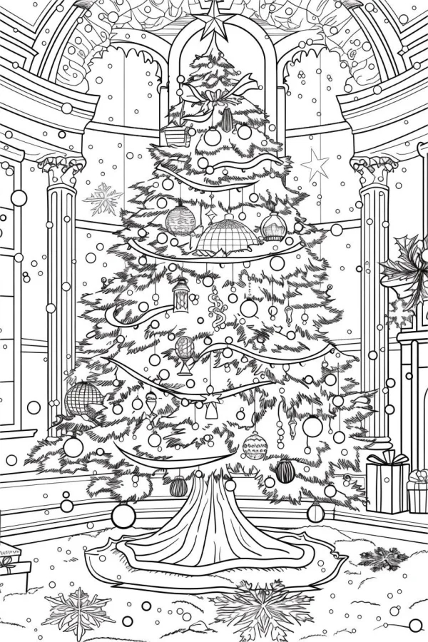 Coloring book page, elaborately decorated christmas tree in an indoor hall with arched columns — free printable home scene coloring book page