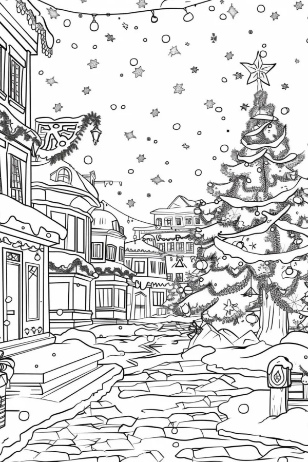 Christmas snowy town scene, cartoon style — free printable snow scene coloring book page