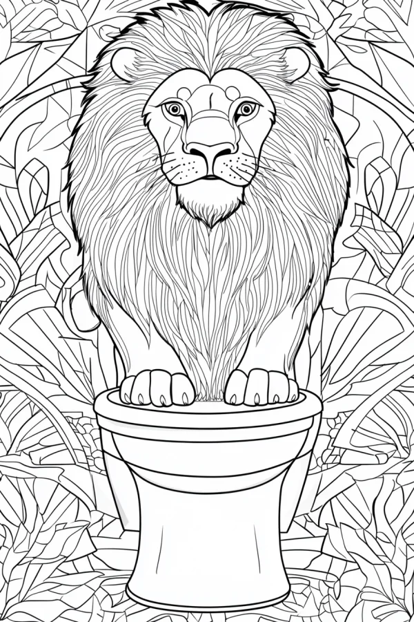 Lion standing on a toilet, cartoon style — free printable humor coloring book page