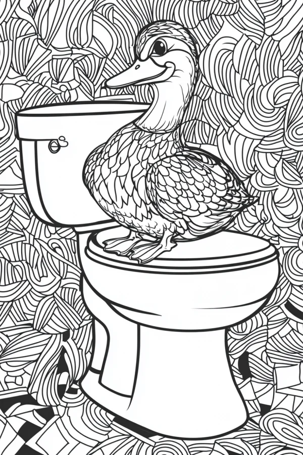 Duck sitting on a toilet, cartoon zentangle style — free printable fun life coloring book page