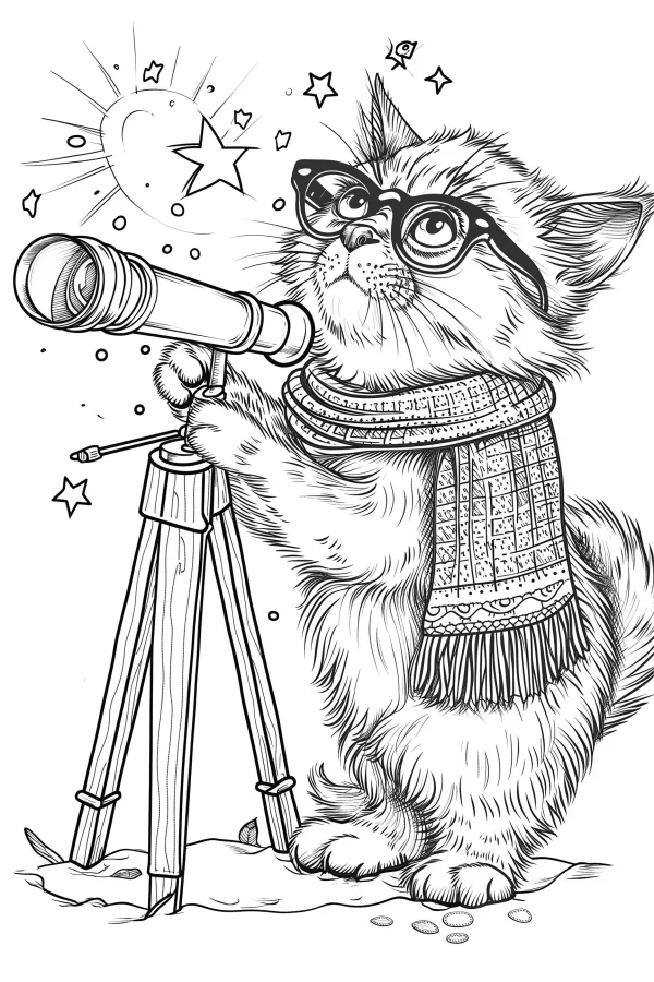 Cute cat with glasses and knit scarf stargazing with a telescope on tripod, cartoon sketch style — free printable starry sky coloring book page