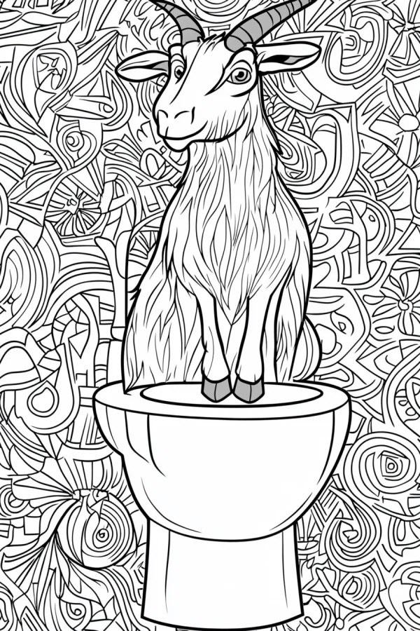 Goat standing on a toilet, cartoon style — free printable fun life coloring book page