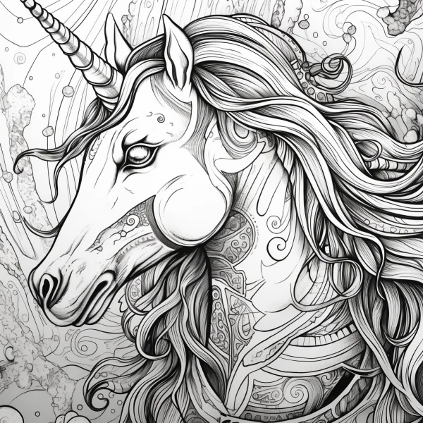Decorative unicorn with intricate ornate patterns, fantasy style — free printable unicorn coloring book page