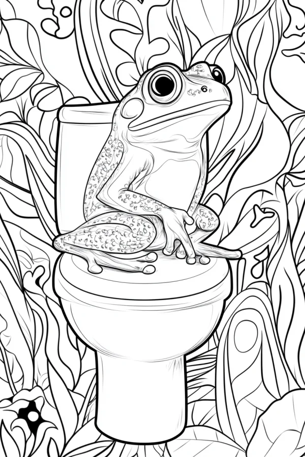 Frog sitting on toilet, cartoon style — free printable fun life coloring book page