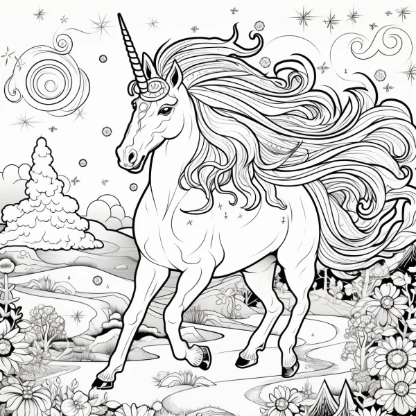 Elegant unicorn with flowing mane, fantasy cartoon style — free printable unicorn coloring book page