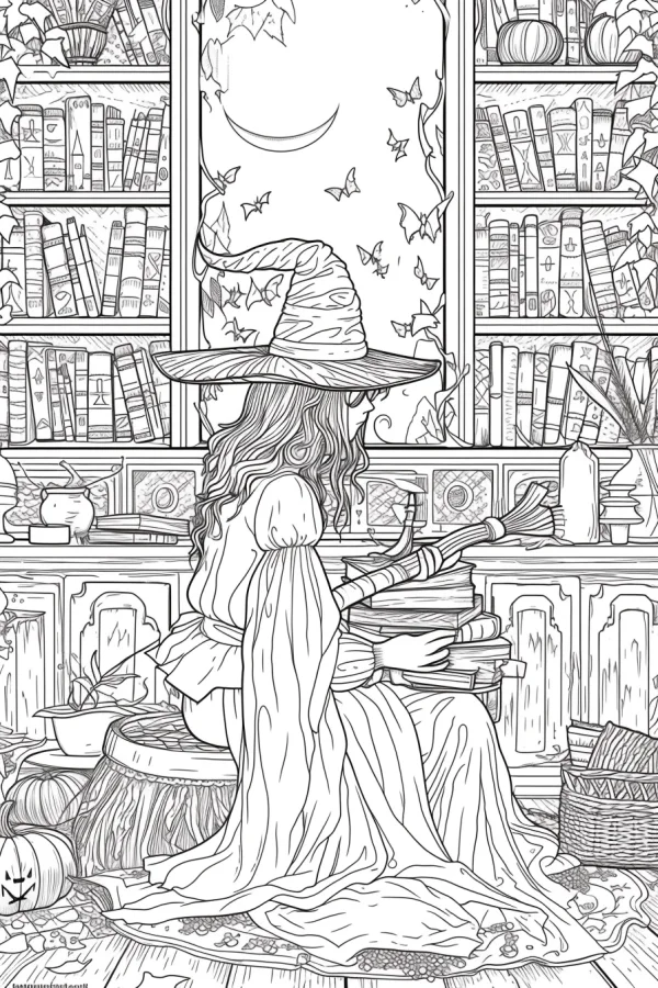 Witch sitting in a cozy study room, fantasy cartoon style — free printable study coloring book page