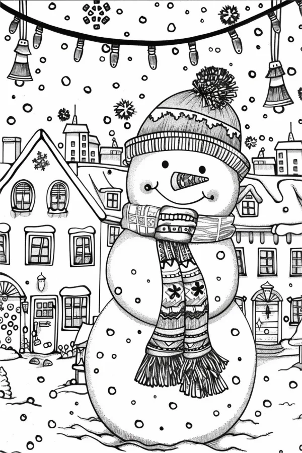 Smiling snowman with knit hat and tassel scarf, cartoon style — free printable town life coloring book page