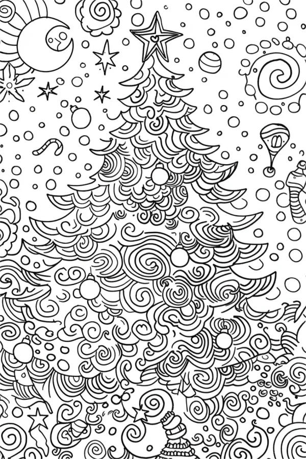 Zentangle-style christmas tree, with stars — free printable zen doodle coloring book page