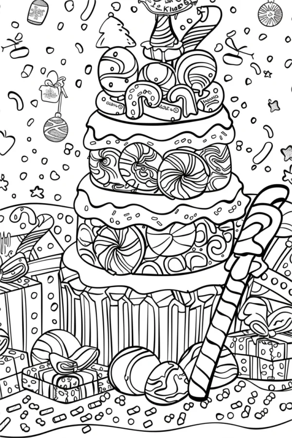 Christmas multi-layer candy cake, cartoon style — free printable gift coloring book page