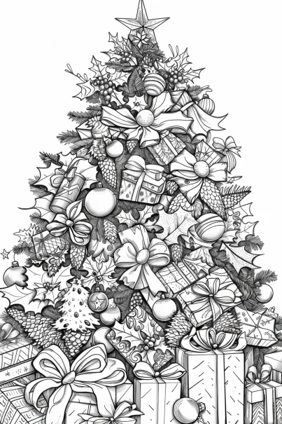 Elaborately decorated christmas tree, realistic line art style — free printable gift coloring book page