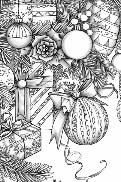 Christmas decorations with gift boxes and decorative baubles, sketch line art style — free printable gift coloring book page