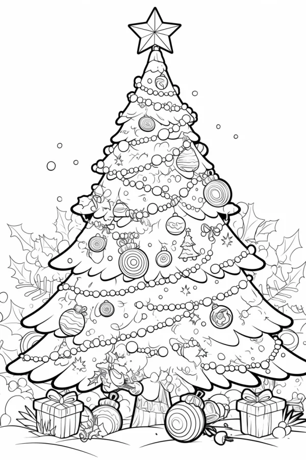 Ornate decorated christmas tree with star on top, cartoon style — free printable gift coloring book page