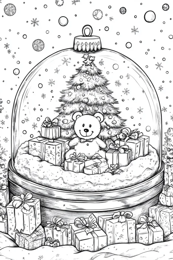 Cute teddy bear with christmas tree inside a snow globe, surrounded by gift boxes with bows and snowflakes — free printable gift coloring book page