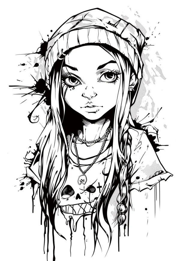 Dark style girl with beanie and skull printed t-shirt, street graffiti art — free printable street coloring book page