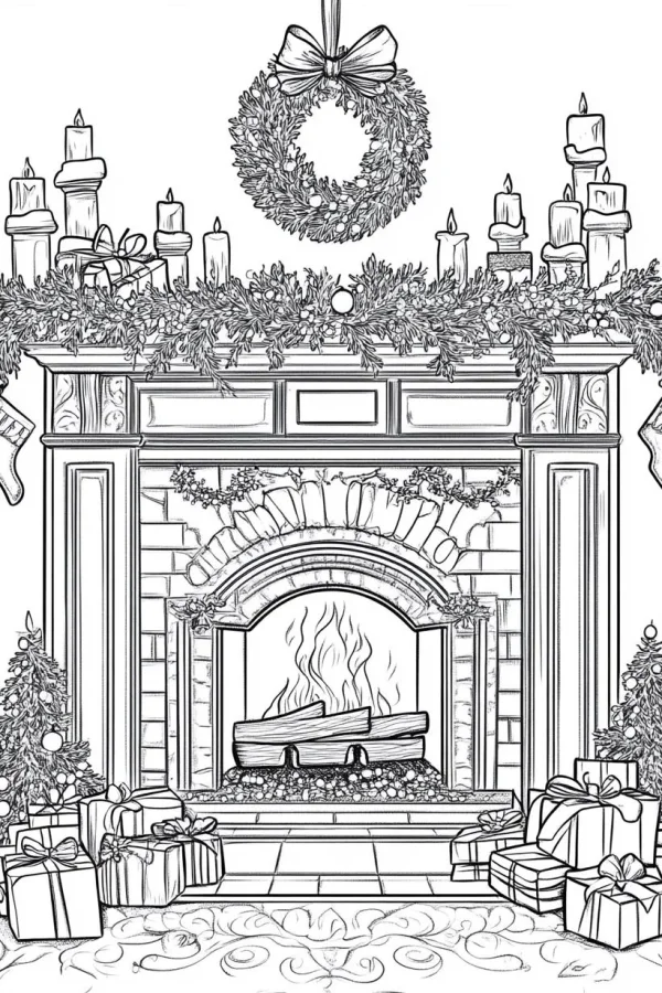Christmas fireplace scene, realistic line art — free printable home scene coloring book page