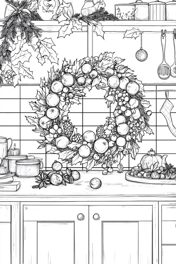 Kitchen scene with christmas wreath, realistic line art style — free printable kitchen coloring book page