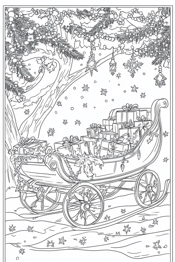 Christmas sleigh filled with gift boxes, winter scene with pine branches — free printable gift coloring book page