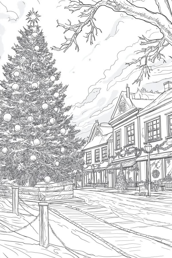 Cozy christmas town street scene, realistic line art style — free printable town scene coloring book page