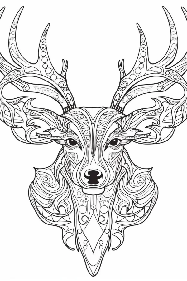 Totem-style deer head, tribal decorative patterns — free printable totem coloring book page