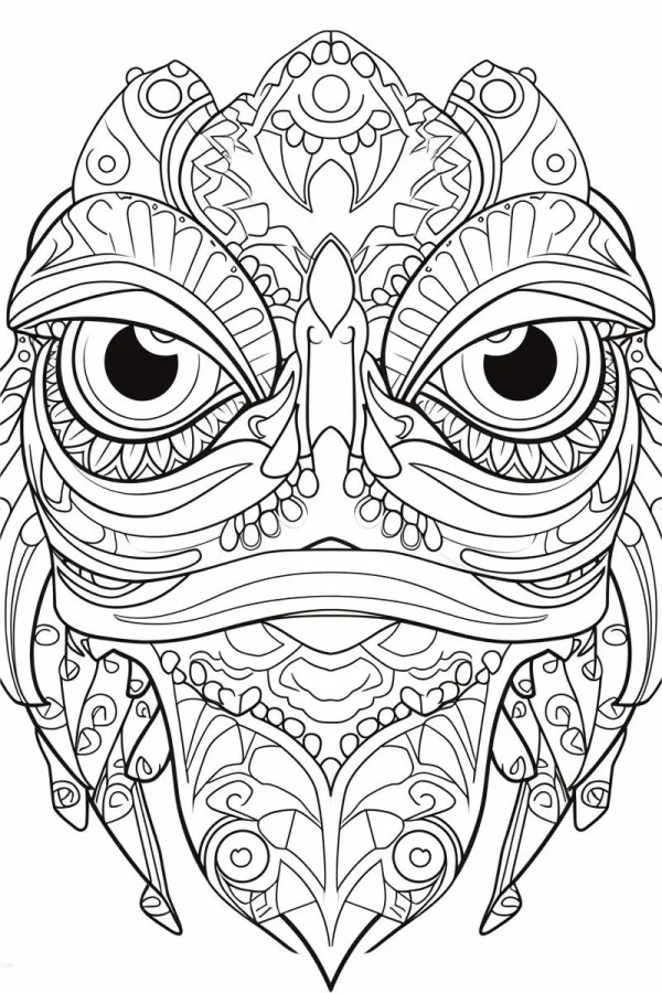 Mandala-style frog head, tribal totem art — free printable totem coloring book page