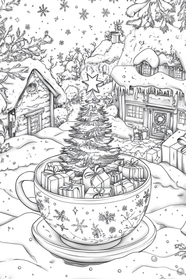 Christmas-themed snowy village scene, large teacup with a christmas tree and gift boxes at the forefront — free printable snow scene coloring book page