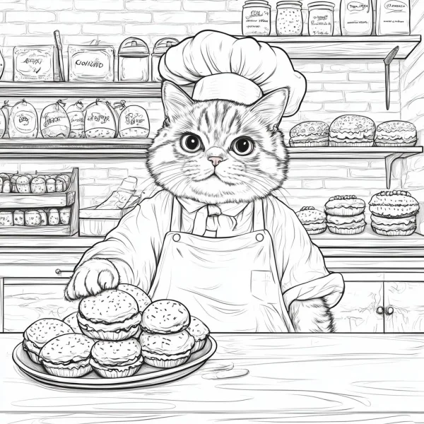 Cute chef cat with a plate of hamburgers, cartoon style — free printable chef coloring book page