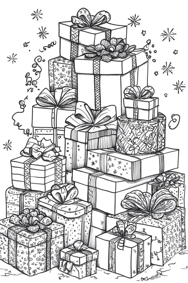 Stacked ornate gift boxes with various bows, sketch style — free printable other coloring book page