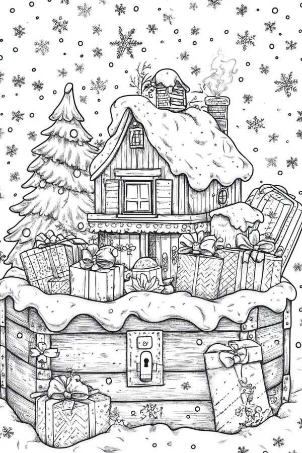 Christmas cabin on wooden chest with gift boxes and christmas tree, fairy tale style — free printable gift coloring book page