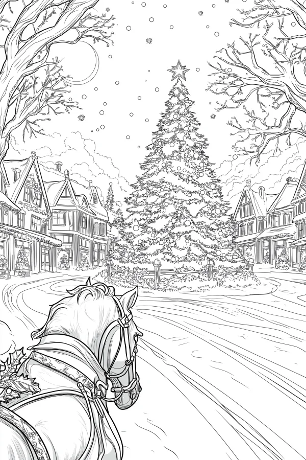 Horse in snowy christmas town, winter scene with decorated christmas tree and european-style houses — free printable snow scene coloring book page
