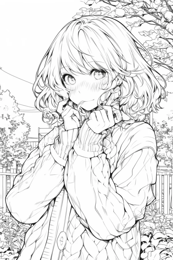 Shy curly-haired girl wearing a knit sweater, anime style — free printable youth coloring book page