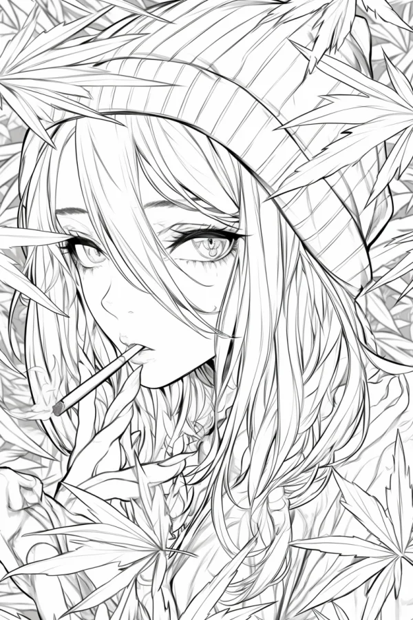 Anime girl wearing knit beanie holding a cigarette, surrounded by cannabis leaves — free printable street coloring book page