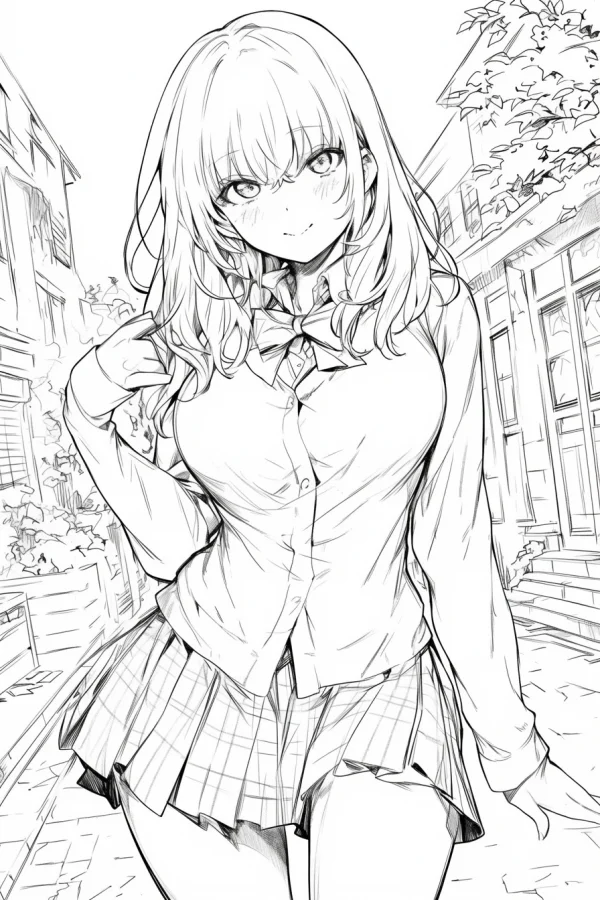 Anime school girl in uniform with plaid skirt and bow tie, anime illustration style — free printable anime characters coloring book page