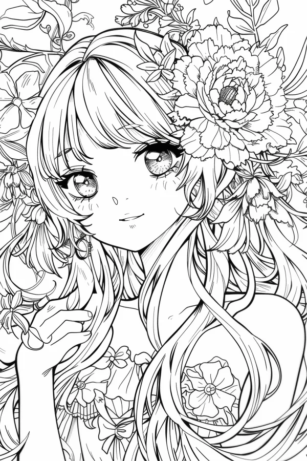 Anime girl surrounded by peonies and floral vines, anime illustration style — free printable character theme coloring book page